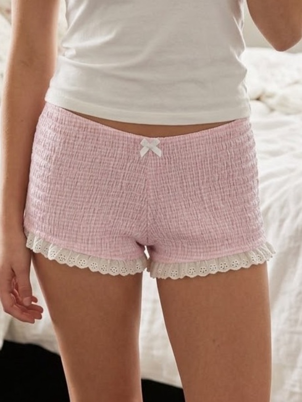 NWT PINK Victoria's Secret Light Crinkled Cotton Lace Trim Sleep Shorts S pj